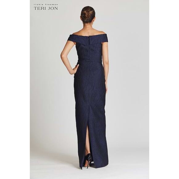 Teri Jon Rickie Freeman Navy Off Shoulder Jacquard Gown Formal Dress 6 Wedding - Picture 2 of 15